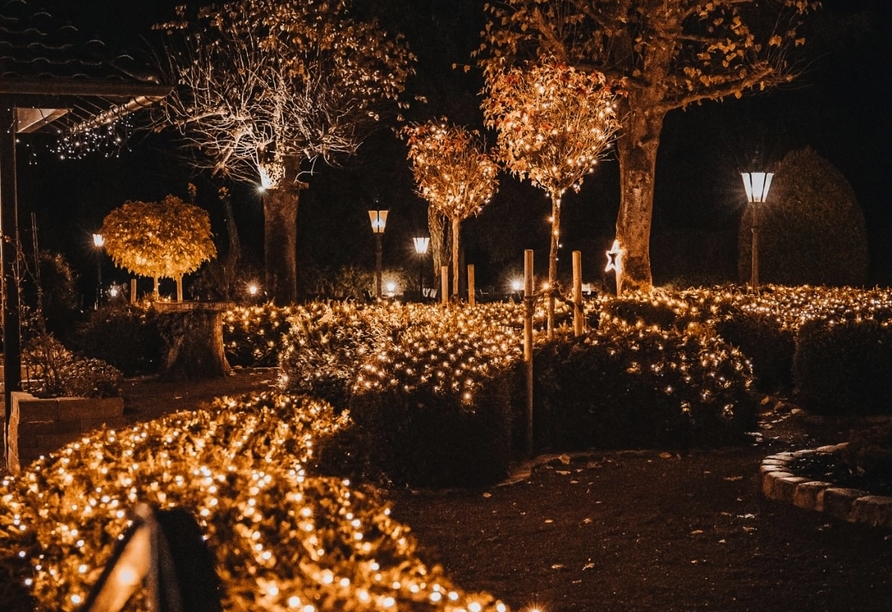 Der festlich geschmückte Garten versprüht eine besondere winterliche Atmosphäre.