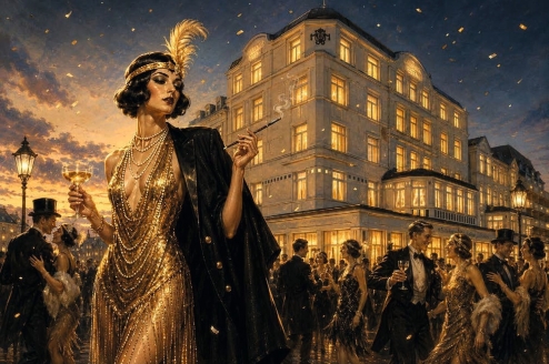 Feiern Sie Silvester im glamourvollen Stil der goldenen Zwanziger mit Musik, Tanz und einem Glas Sekt. | KI generiert