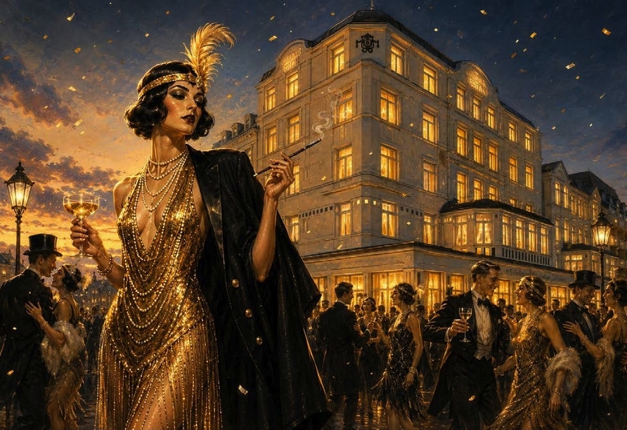 Feiern Sie Silvester im glamourvollen Stil der goldenen Zwanziger mit Musik, Tanz und einem Glas Sekt. | KI generiert