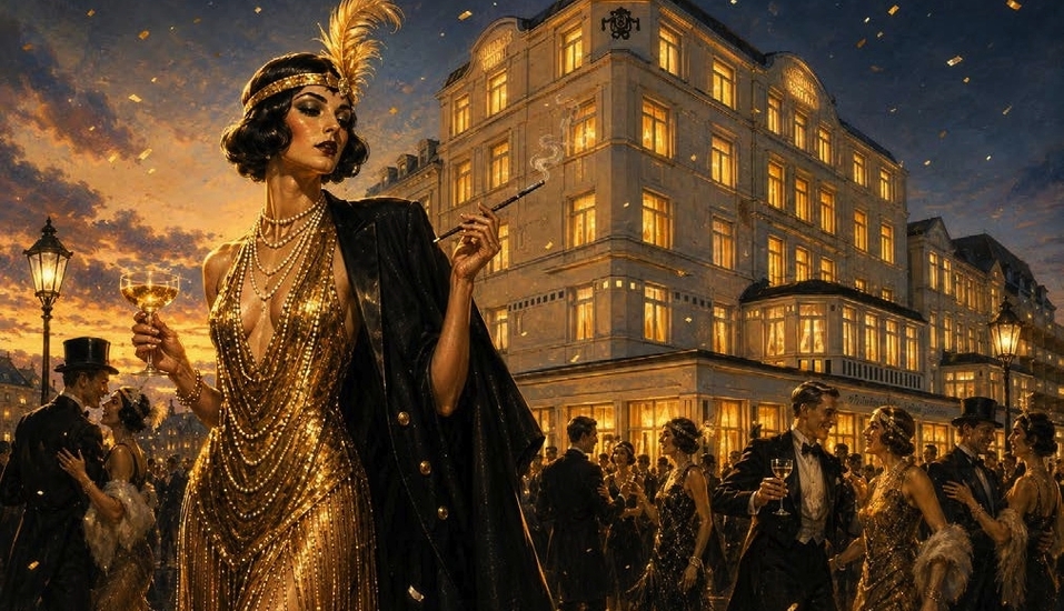 Feiern Sie Silvester im glamourvollen Stil der goldenen Zwanziger mit Musik, Tanz und einem Glas Sekt. | KI generiert