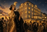 Feiern Sie Silvester im glamourvollen Stil der goldenen Zwanziger mit Musik, Tanz und einem Glas Sekt. | KI generiert