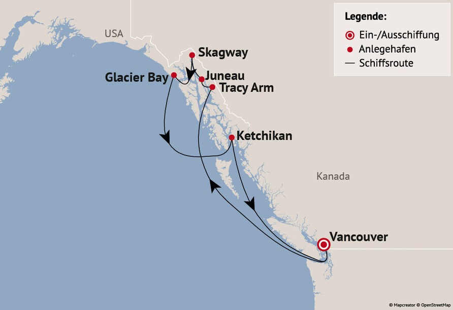 Ihre Reiseroute während der Alaska-Kreuzfahrt