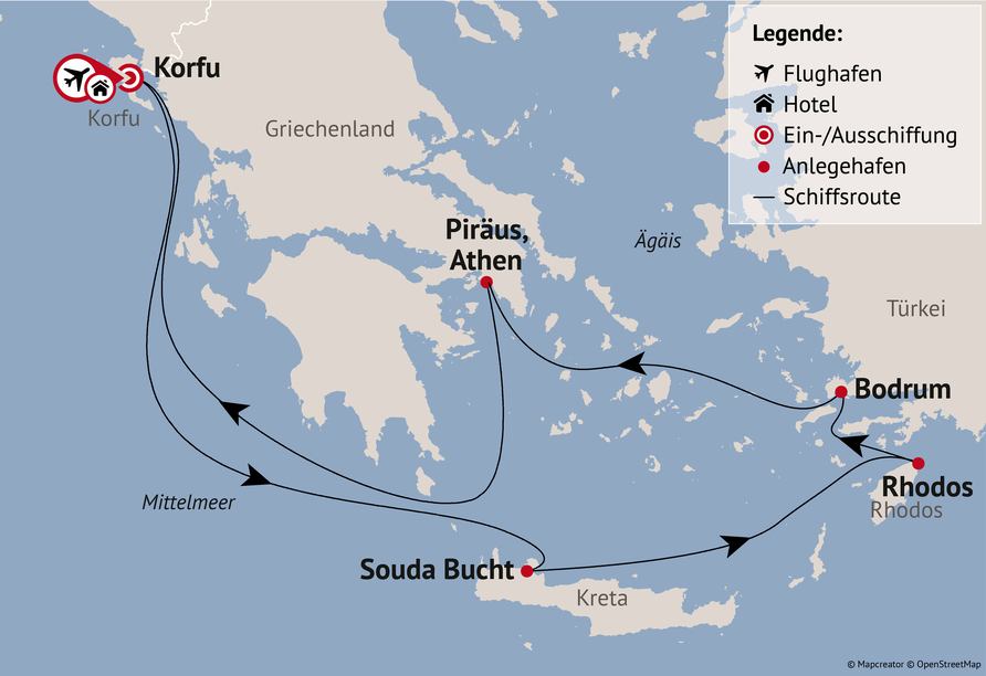 Ihre Reiseroute am 07.09.27 (am Reisetermin 11.05.27 Kos anstelle von Rhodos)