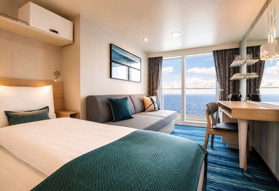 Beispiel einer Balkonkabine an Bord der Mein Schiff 2 | KI bearbeitet