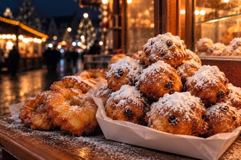 Probieren Sie zu Silvester traditionelle niederländische Oliebollen mit Puderzucker.