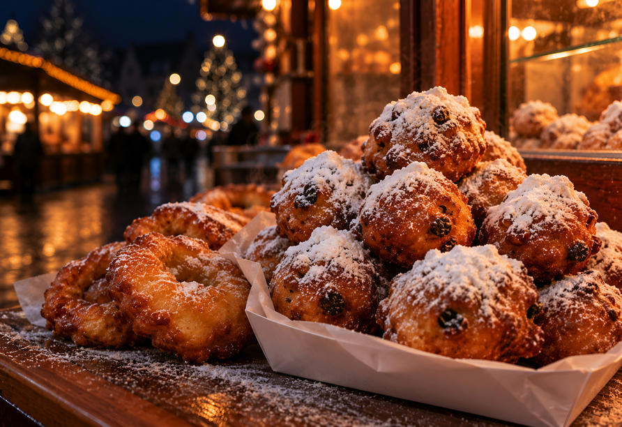Probieren Sie zu Silvester traditionelle niederländische Oliebollen mit Puderzucker.
