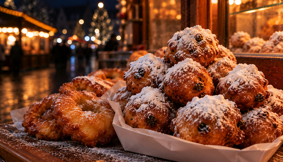 Probieren Sie zu Silvester traditionelle niederländische Oliebollen mit Puderzucker.