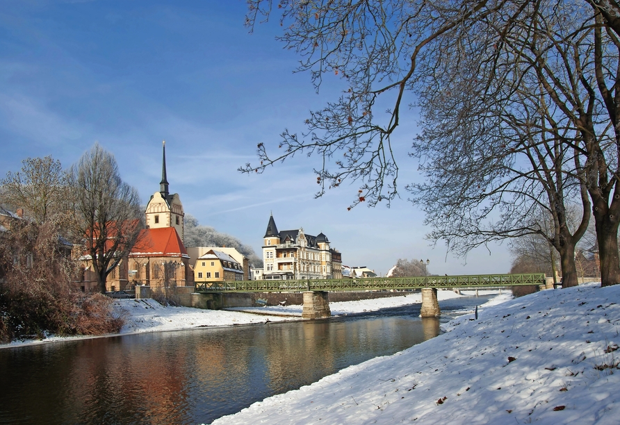 Die Untermhäuser Brücke und die Marienkirche in Gera sind auch im Winter schön anzuschauen.