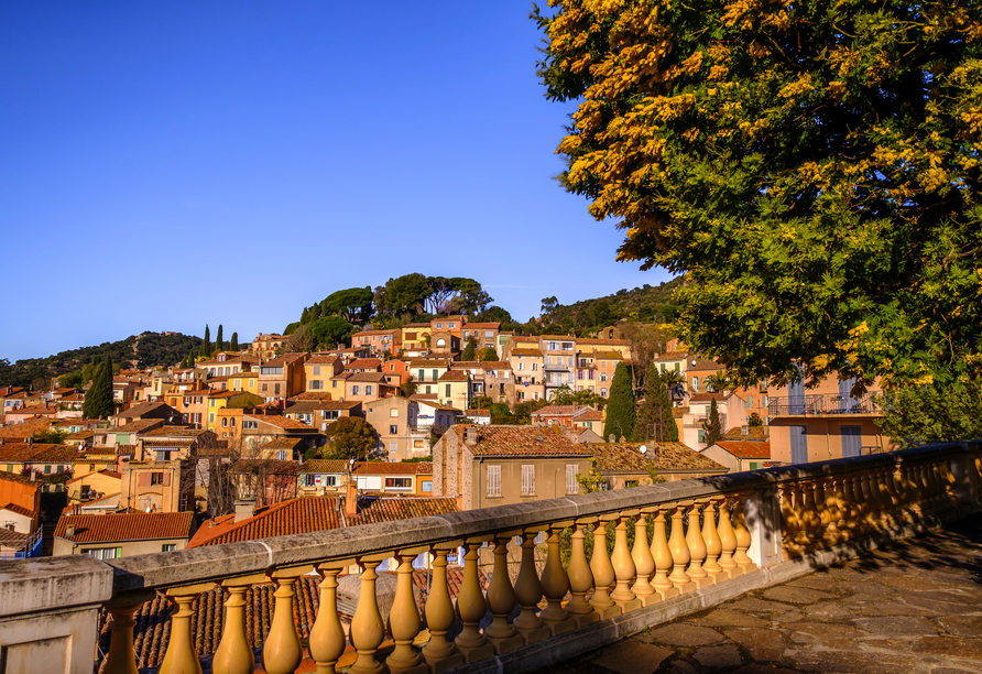 Genießen Sie den Panoramablick auf Bormes-les-Mimosas mit Mimosenbäumen im Vordergrund.